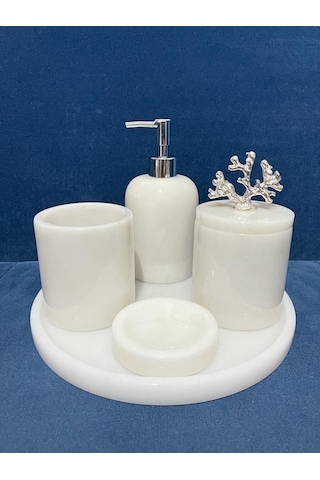 Mermer 5li Banyo Seti Beyaz - Gümüş Mermer 5li Banyo Seti Beyaz - Gümüş