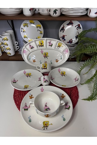7 Parça Sünger Bob Model Çocuk Bebek Yemek Takımı Beslenme Seti Çok Renkli