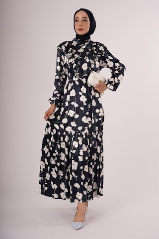 Lacivert Çiçek Motifli Fatma Sezen Elbise Lacivert