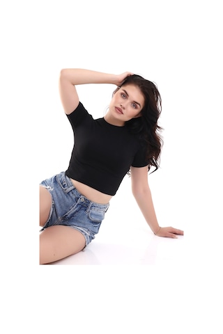 Winmoda34 Kadın Kısa T-shirt Krop Siyah