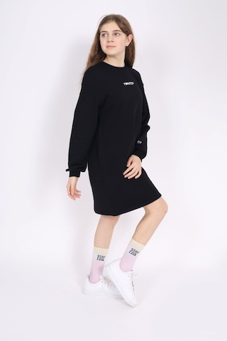 Toontoy Kız Çocuk Baskılı Oversize Bisiklet Yaka Uzun Kollu Elbise - Siyah