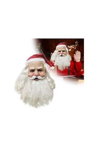 Kırmızı Noel Şapkası Ve Sakallı Lateks Gerçekçi Noel Baba Maskesi