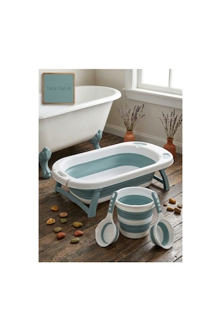 Katlanır Bebek Banyo Küveti Seti Ayaklı Bebek Yıkama Küveti+katlanır Kova+maşrapa Banyo Seti