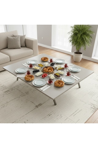 Ratemo Katlanır Metal Ayaklı Yer Sofrası 89x119 Cm Modern Dikdörtgen Çok Amaçlı Masa Beyaz Beyaz