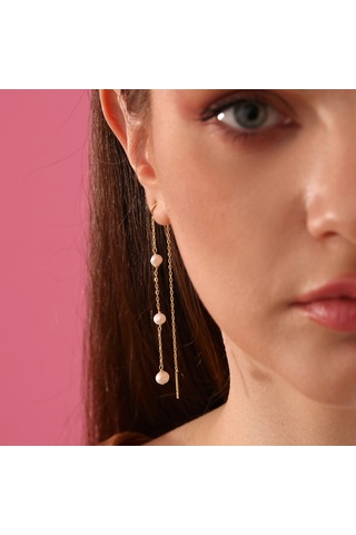 Queen Silver Jewelry 925 Ayar Gümüş. İnci Örme Sallantılı Japon Küpe Altın