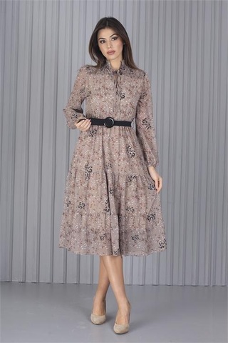 Neşeli Butik Kadın Kemerli Leopar Desenli Yeni Sezon Midi Boy Şifon Elbise Apcx04 Bej