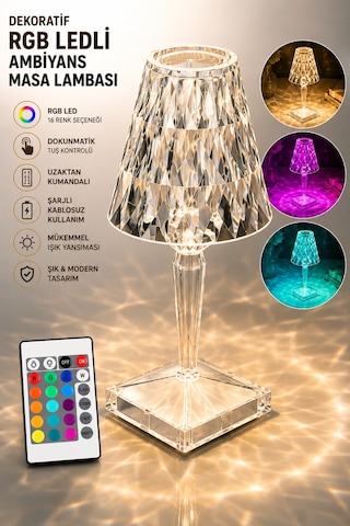 Rgb Led Dekoratif Ambiyans Masa Gece Lambası Uzaktan Kumandalı Şarjlı Dokunmatik Abajur Kristal Beyaz
