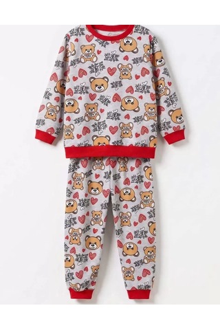 Veraura Lifestyle 4/10 Yaş Ayıcık Baskılı Pamuk Penye Çocuk Pijama Takımı Kırmızı