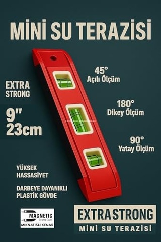 Tr Mini Su Terazisi, 23 Cm, Mıknatıslı, Kompakt Su Terazisi, Plastik Gövde, Hassas Ölçüm Seviyelendirme Aracı
