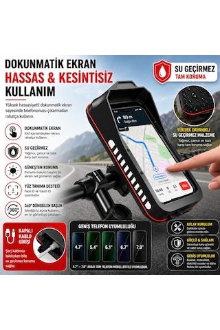 Triline Bisiklet Motosiklet Gidon Telefon Tutucu Çanta Dokunmatik Ekranlı Montaj Aparatı Su Geçirmez Siyah