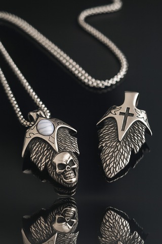 Turkuaz Taşlı Paslanmaz Çelik Gotik Kafatası Ve Haç Kolye Gümüş
