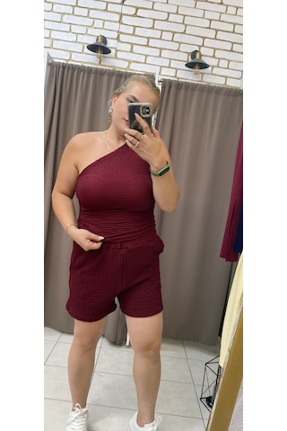 Tuba Toptaş Gofre Şort Lastikli Bel Bordo