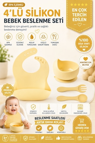 Jojobebek Çocuk Silikon Mama Önlüğü, Silikon Vakumlu Kase, Silikon Kaşık Ve Çatal / Sarı