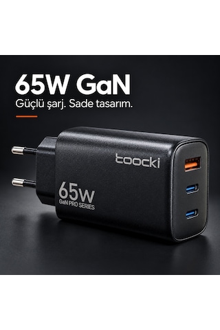 Toocki 65w Gan Pro 3 Portlu Hızlı Şarj Adaptörü 2 Usb-c Ve 1 Usb-a Pd 3.0 Pps Qc 3.0 Avrupa Tipi Fiş Siyah