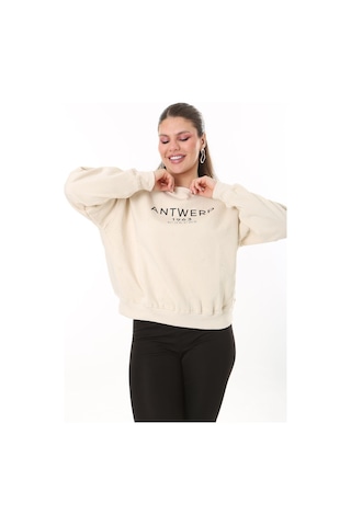 Şans Kadın Büyük Beden Bej İçi Şardonlu Kumaş Ön Baskılı Sweatshirt 65n37719-bej Bej