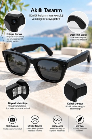 Kameralı Akıllı Gözlük Glasses Güneş Gözlüğü Siyah
