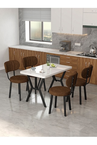 Azra 70x110cm Beyaz Mutfak Masası, Mutfak Masası Takımı, Yemek Masası, 4 Kahverengi Sandalye Kahverengi