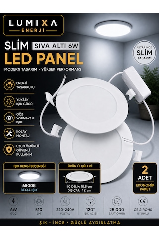 6w Slim Led Spot Panel Yuvarlak 3,5" Delik:8,2cm Dış:12cm Beyaz Işık 6500k 2 Adet