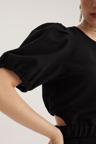 Stella Pulvis Siyah Keten Karışımlı Beli Lastik Detaylı Balon Kol Bluz