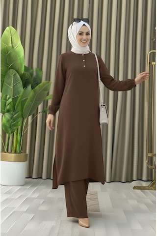 Tesettür İkili Takım Uzun Tunik Bol Paça Pantolon 4006-kahve Kahverengi