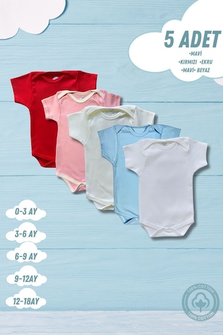Betül Bebek Kısa Kollu 5'li Organik Pamuk Çıtçıtlı Bebek Body&zıbın Kırmızı,pembe,ekru,mavi,beyaz Çok Renkli