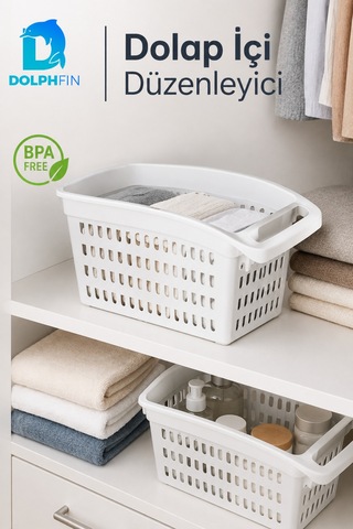 Dolap İçi Düzenleyici Sepet 33x17x15 Cm Saplı Çok Amaçlı Mutfak Banyo Organizeri Beyaz