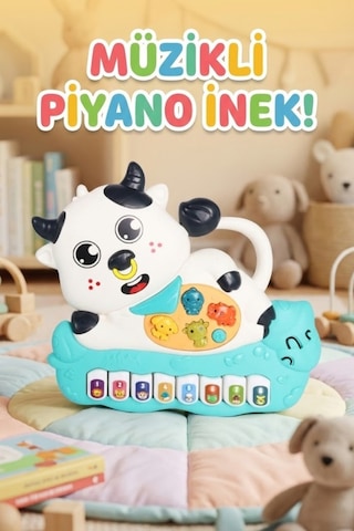 Eğitici Müzikli Ve Işıklı Sevimli İnek Piyano - Hayvan Sesli Fonksiyonel Bebek Gelişim Oyuncağı