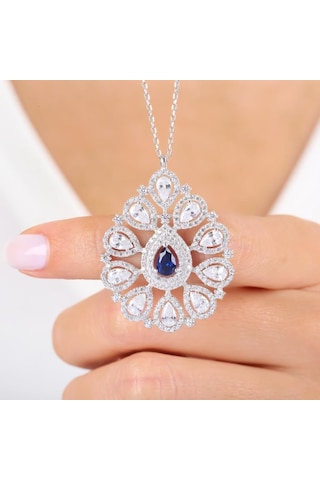 Mia vento Pırlanta Montür Sentetik Safir Kraliyet Nişanı Gümüş Kolye