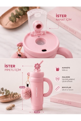 Cocosmile Cs-8826 Pembe 950 Ml Çift İçim Paslanmaz Çelik Termos Mug