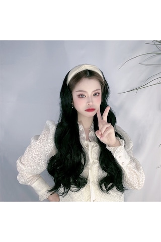 Peruk Kadın Uzun Saç Tembel Kafa Bandı Yarım Başlık Uzun Kıvırcık Saç Tek Parça Dikişsiz Büyük Dalga Peruk Kılıfı