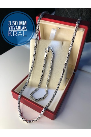 Erkek Gümüş Set - 3.5mm Yuvarlak Kral Model Işıklı Kutuda Sevgi