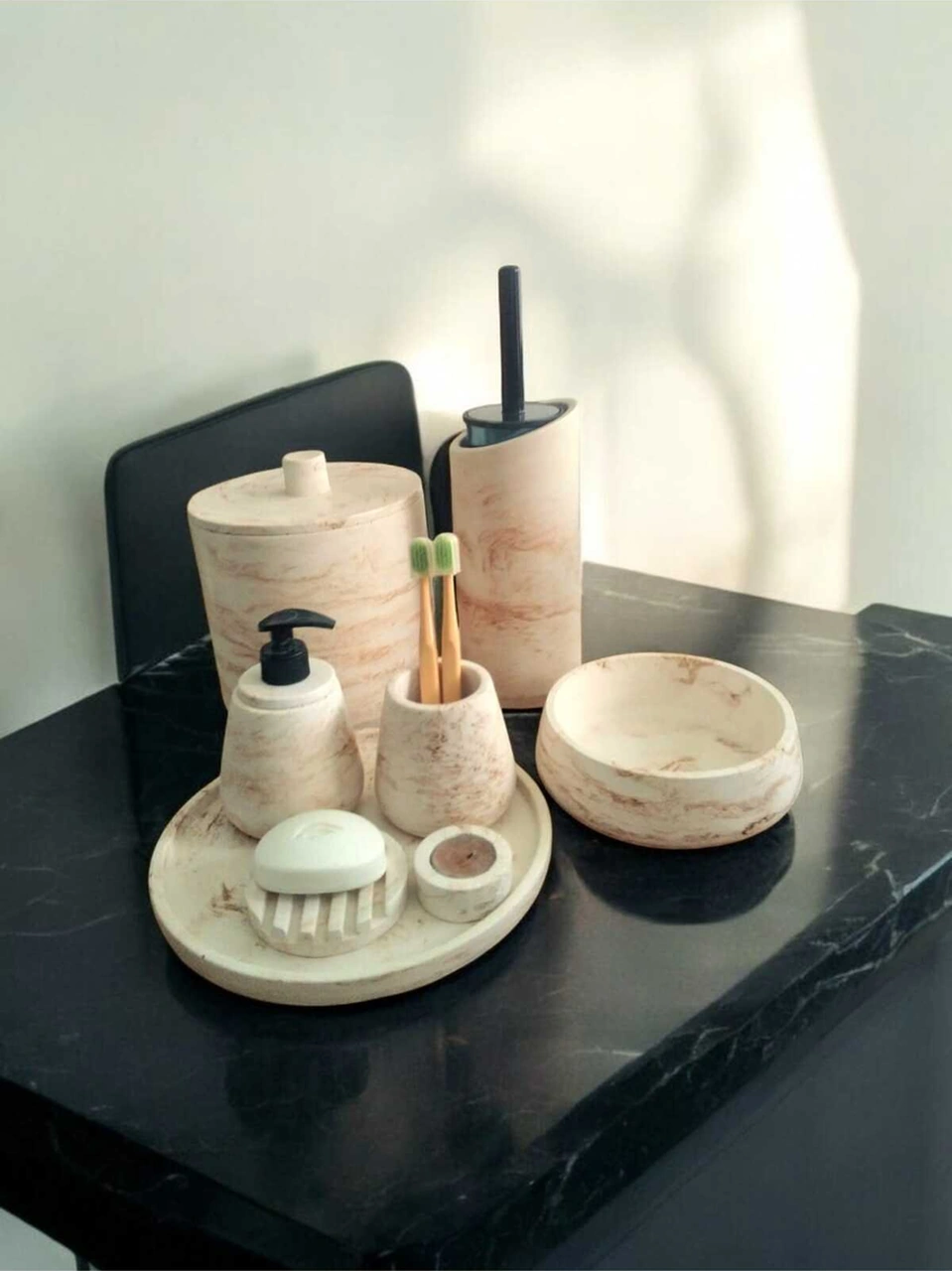 Mermer Desen Beton Banyo Seti,tuvalet Wc,çöp Kovası,katı,sıvı Sabunluk,tepsi,dekorasyon,aksesuar Bej