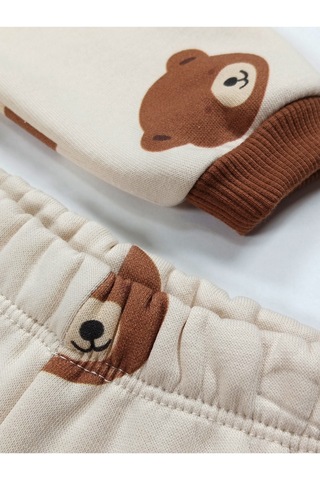 Ayıcık Desenli Kapüşonlu Bebek Alt Üst Takım Bej - Kahverengi