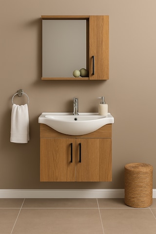 Lacrime 65 Cm Ahşap Renkli Mdf, Oval Seramik Lavabolu, Alt Ve Üst Ahşap
