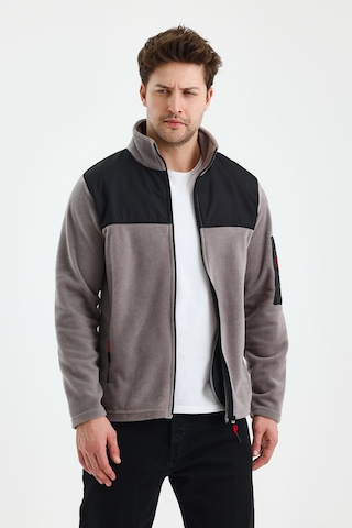 Monox Erkek Tam Fermuarlı Parçalı Spor Polar Ceket Gri