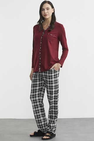 Ekose Kombinli Düğmeli Pijama Takım - Bordo Bordo