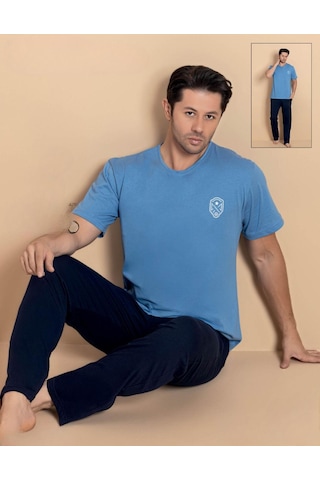Pijamerry Erkek Bisiklet Yaka Kısa Kol Penye Pijama Takımı 6381 - 1 Adet Mavi