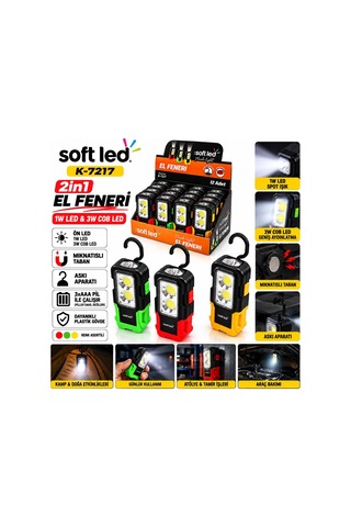 Softled K-7217 2in1 Mıknatıslı El Feneri 3xaaa Pilli 1w Led Ve 3w Cob Led- 12'li Paket