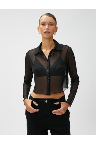 Koton Crop Gömlek Simli Transparan Siyah 3sak50263ek 3SAK50263EK999 Siyah