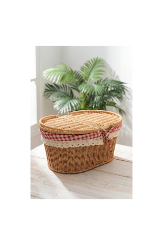 Digithome Kapaklı Rattan Vintage Dantelli Oval Piknik Sepeti -9t13 U/5 Kahverengi