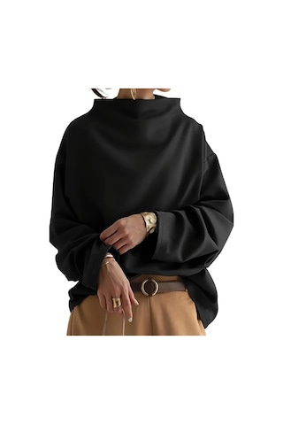 Tua Moda Kadın Uzun Kollu Geniş Balıkçı Yaka Modal Bluz Siyah