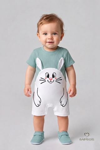 Babyden's Tavşan Baskılı Şortlu Erkek Bebek Tulum %100 Pamuk Yazlık Kısa Kollu Çıtçıtlı Yenidoğan Bebek Tulumu 0-9 Ay Açık Haki