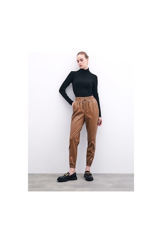 Sateen Bel Lastikli Deri Jogger Pantolon - Bej-135876 Bej