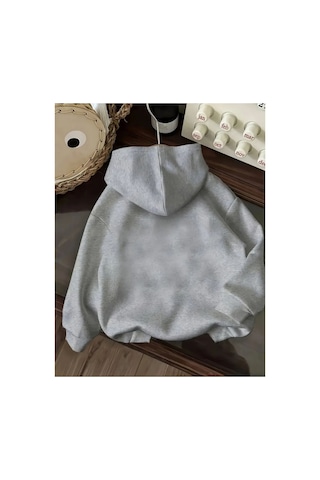 Herkesemoda Tatlı Kurdele Baskı Detaylı Kapüşonlu Sweatshırt Gri