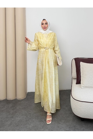 Mihran Butik Silk Model Kemerli Bilek Büzgü Desen Detaylı Kadın Elbise Sarı