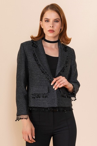 Serpil Exclusive Kadın Püskül Detaylı Kısa Blazer Ceket Siyah