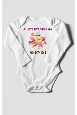 Aileyi Uyandırma Servisi Baskılı Bebek Zıbını Çıtçıtlı Body %100 Pamuk Uzun Kol Beyaz