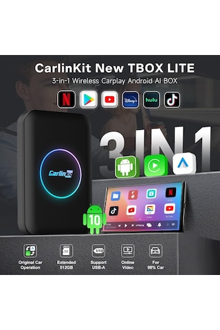 Carlinkit Tbox Lite Kablosuz Ai Kutusu, Ram 2g+rom 32g, Carplay Ve Android Oto, Destek Kablosuz Carplay Ve Kablosuz Andr 10"