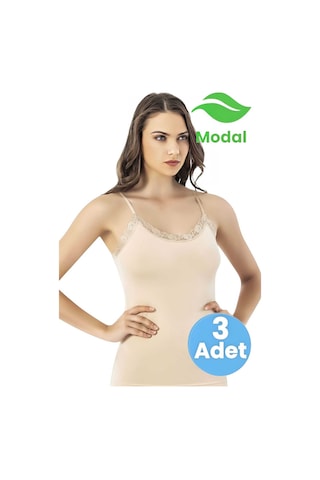 Tezzgelsin Kadın 3'lü İp Askılı Dantelli Modal Atlet Ten Rengi
