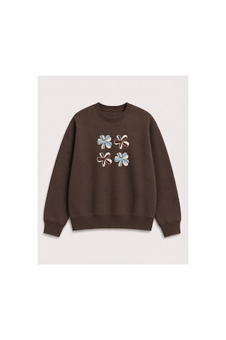 Herkesemoda Çiçek Baskılı 2 İplik Şardonlu Bisiklet Yaka Sweatshirt Kahverengi